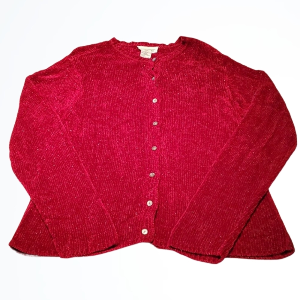 Vintage Talbots Red & Metallic Thread Button Up Cardigan Size L Bust 38 Inches